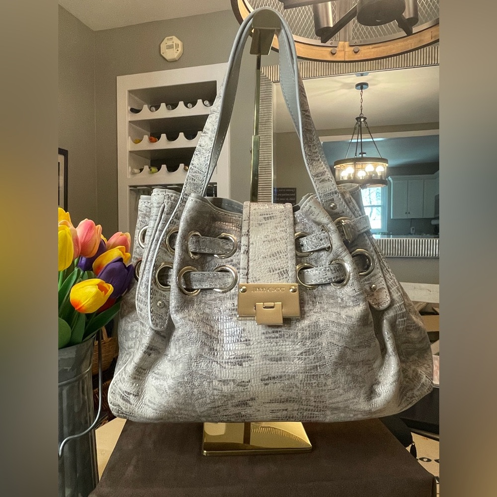 *Original COA Card* Jimmy Choo Ramona Snakeskin Textured Grey Shoulder Bag